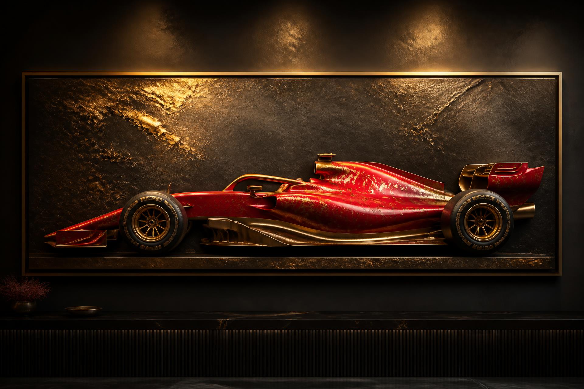 Red and gold Formula 1 wall art sculpture in a dark gallery